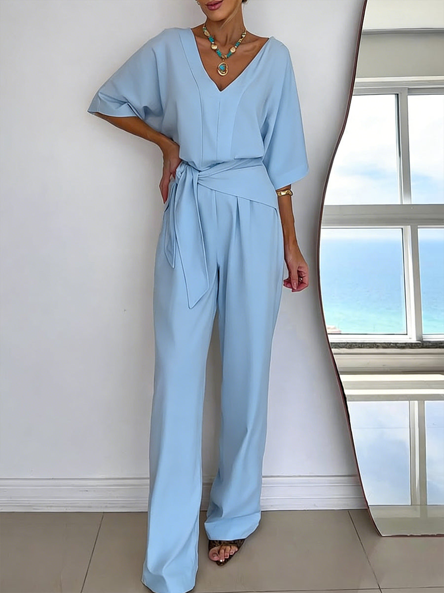 Linen Wide Leg Belted Jumpsuit for Women