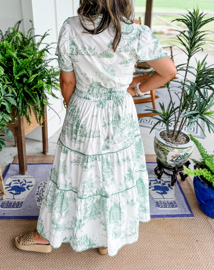 Toile Print Short Sleeve Wedding Guest Maxi Dress for Women