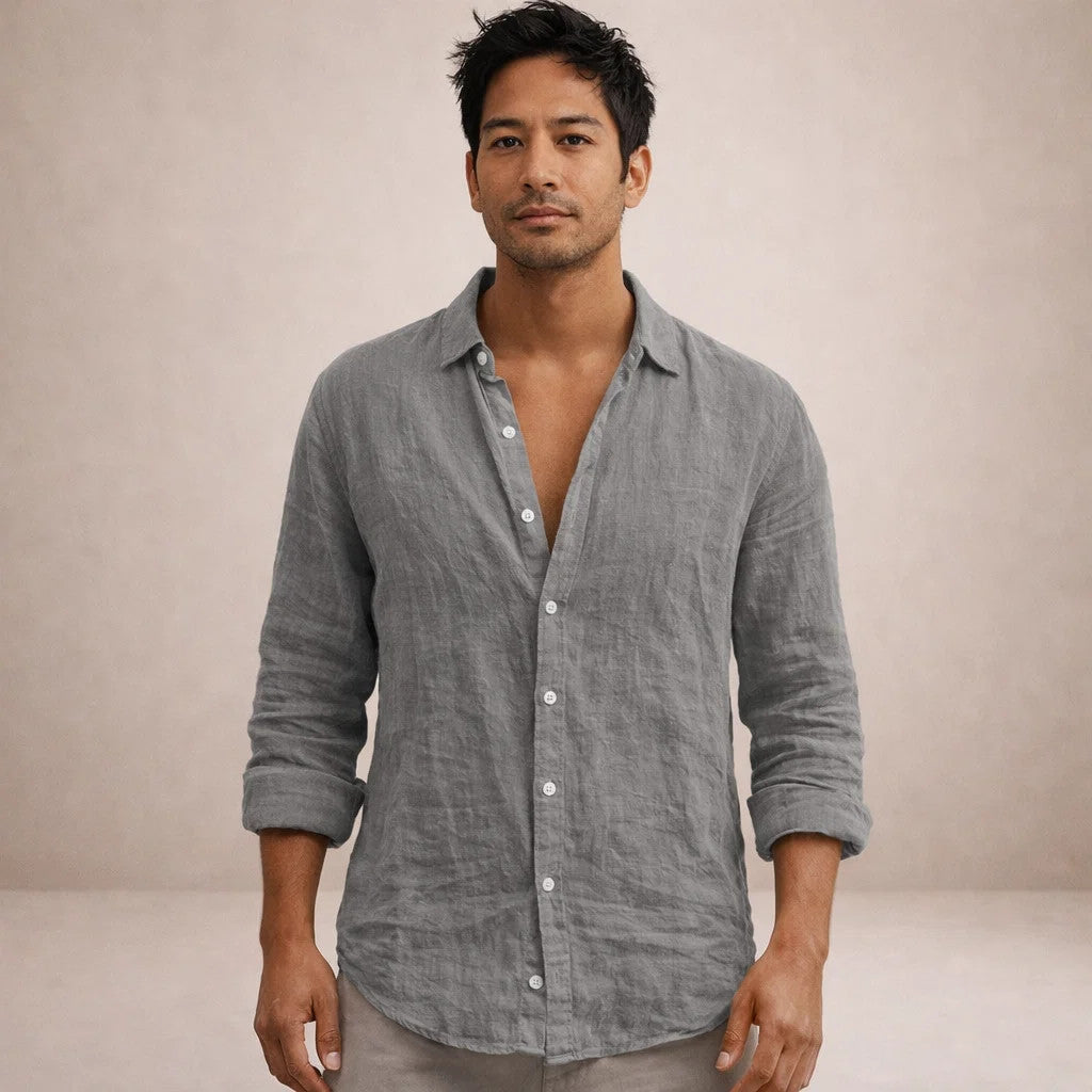 Linen Long Sleeve Shirt with Open Collar for Men