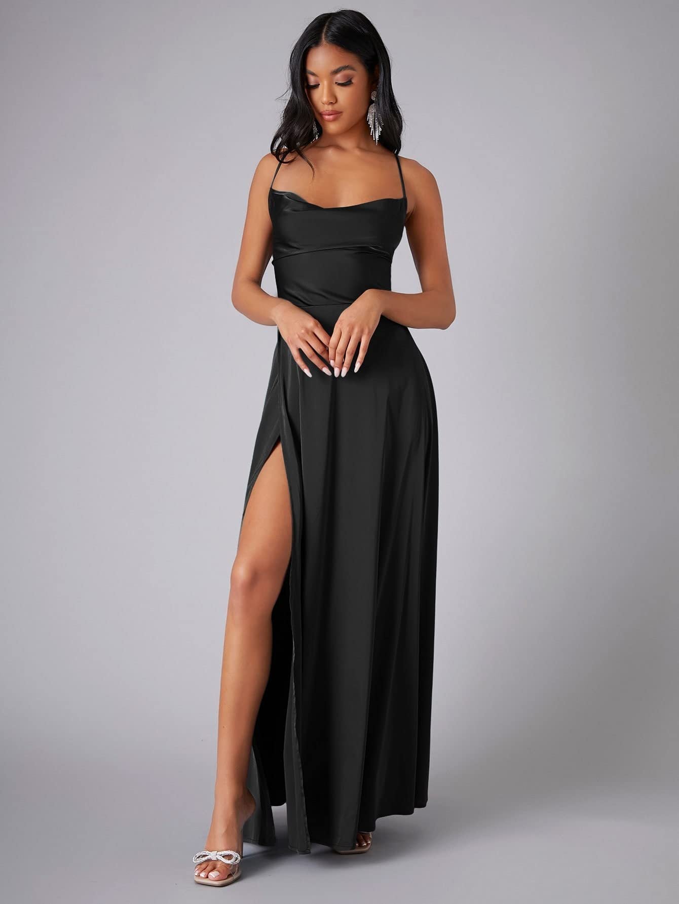 Satin Cowl Neck Backless Slit Maxi Dress for Women
