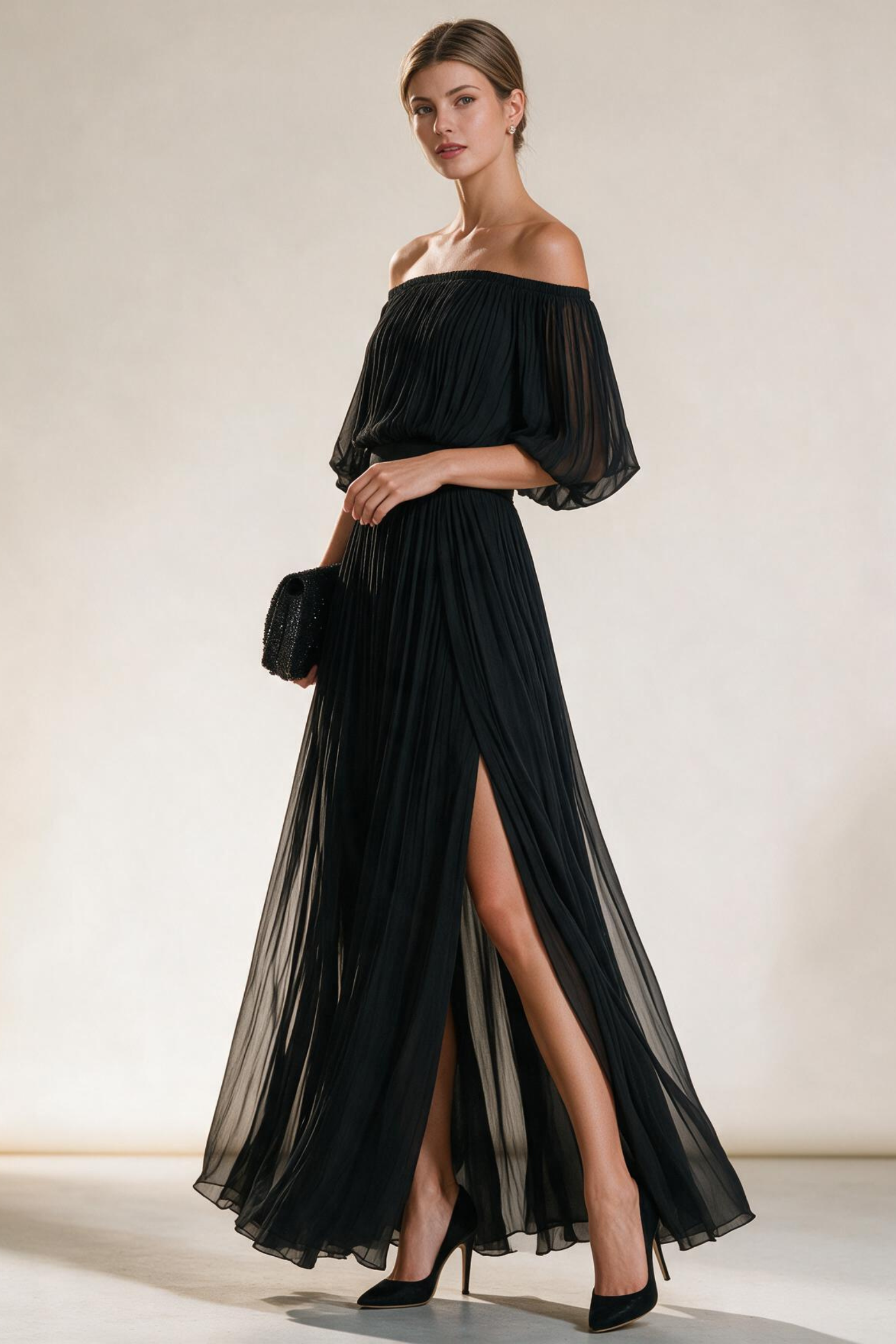 Off-Shoulder Pleated Wedding Guest Maxi Dress for Women