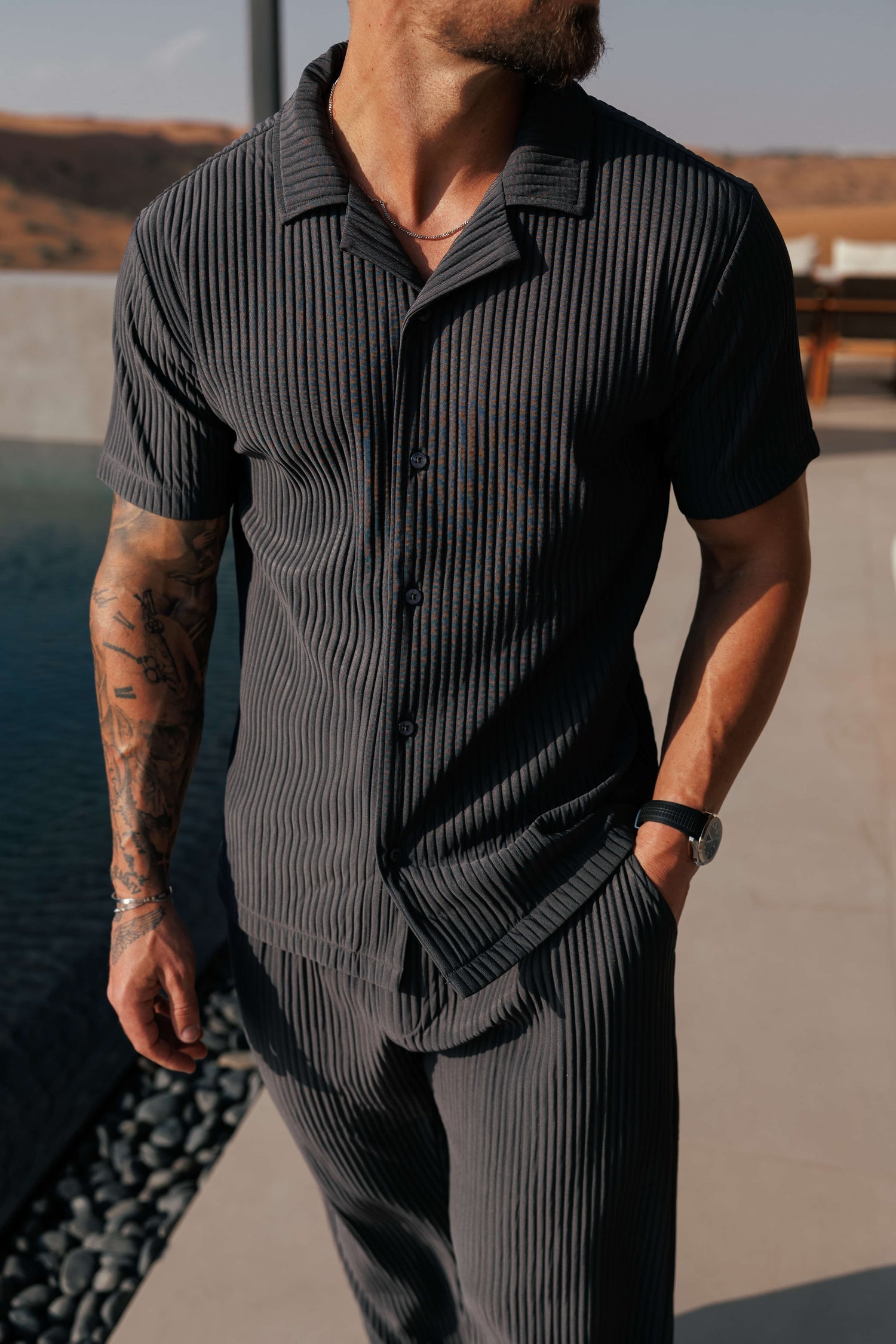 Pleated Short Sleeve Shirt Set for Men