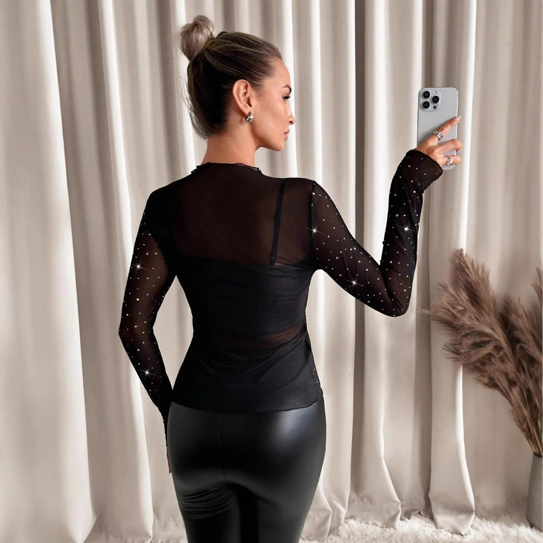 Glitter Mesh Long Sleeve Top for Women