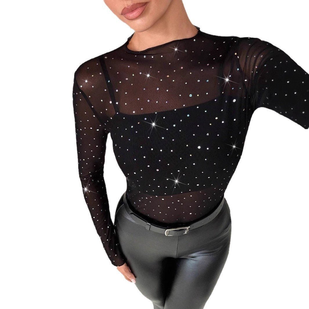 Glitter Mesh Long Sleeve Top for Women
