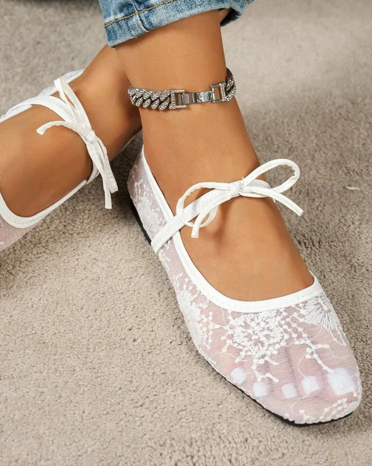 Mesh Ballet Flats with Floral Pattern for Women