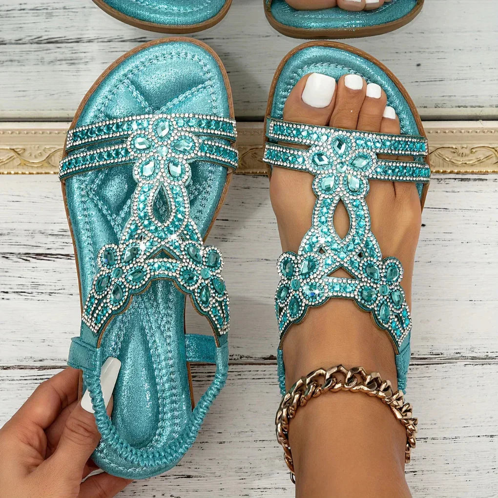 Open Toe Flat Sandals with Beaded Straps for Women