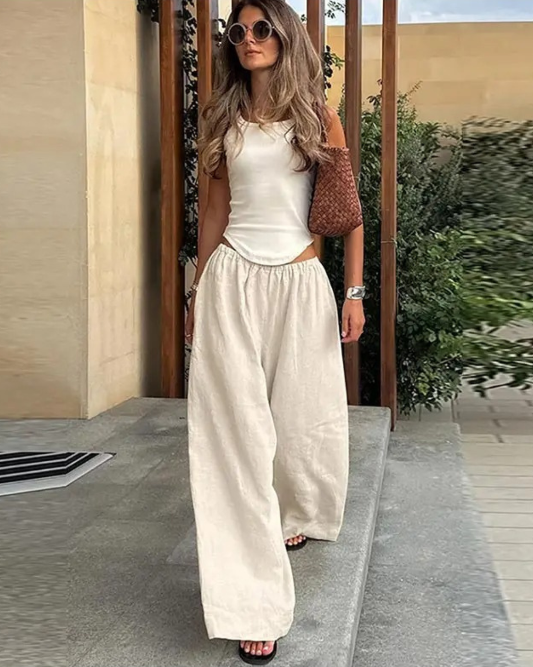 Wide Leg Linen Pants with Elasticated Waist for Women