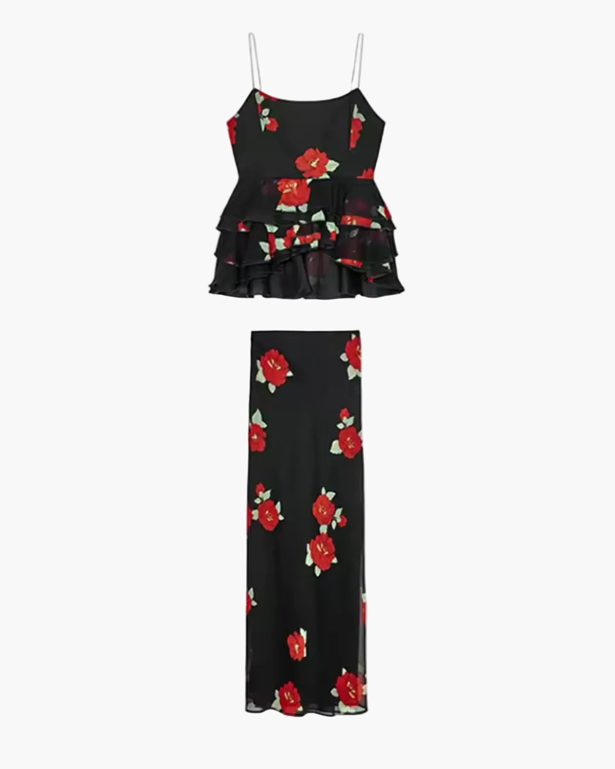 Floral Two Piece Set with Ruffle Top and Maxi Skirt for Women
