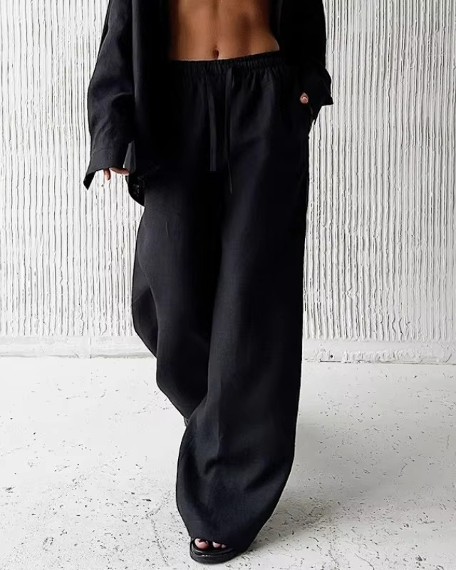 Wide Leg Linen Trousers with Drawstrings for Women
