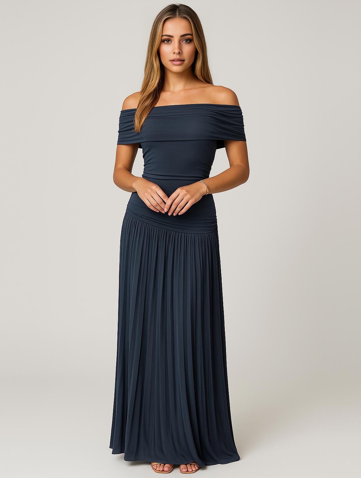 Wedding Guest Off-Shoulder Pleated Maxi Dress for Women
