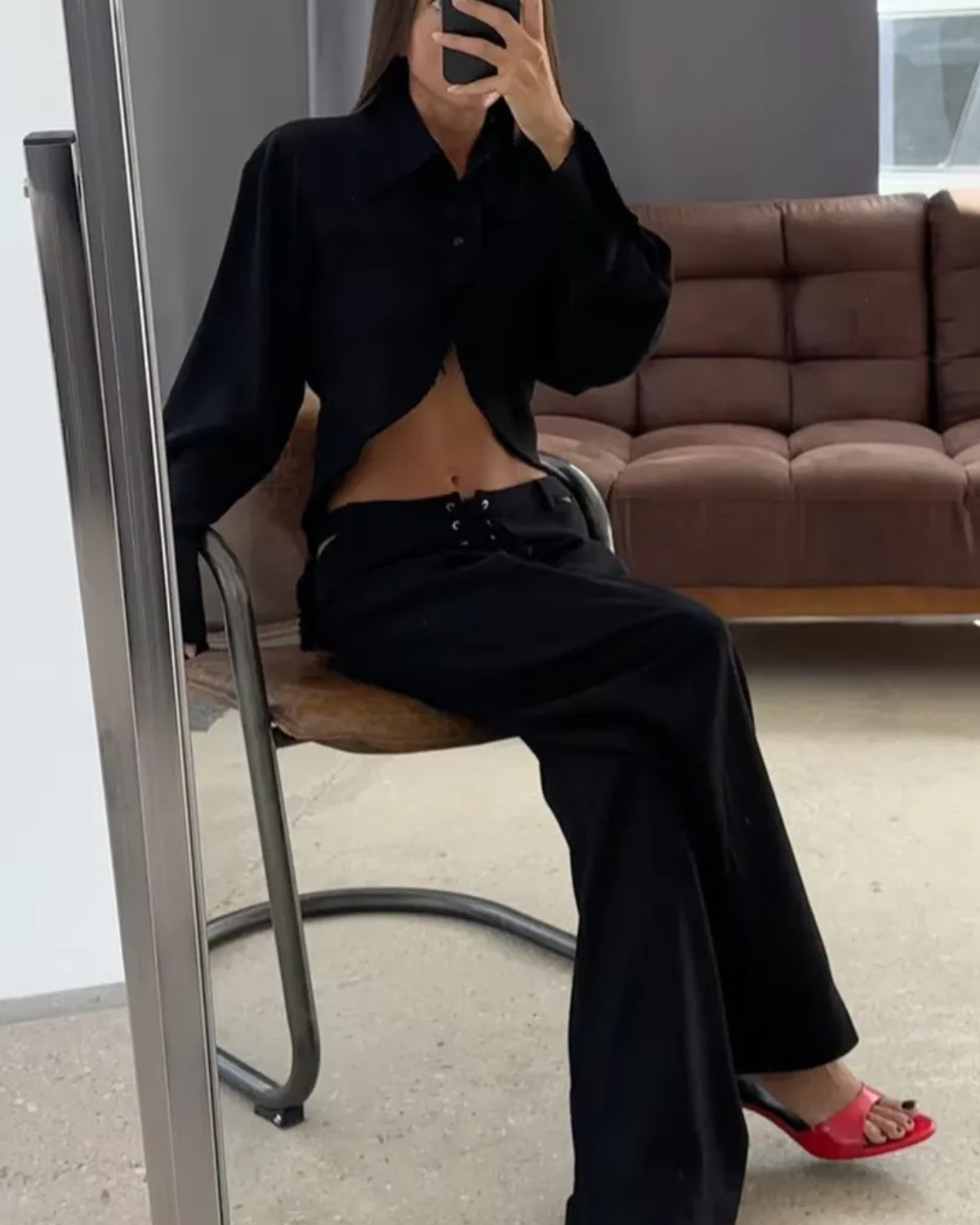 Linen Set with Long Sleeve Shirt and Wide Leg Pants for Women