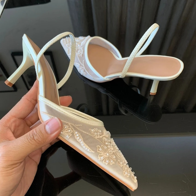 Embroidered Mesh Kitten Heel Slingbacks with Pointed Toe for Women
