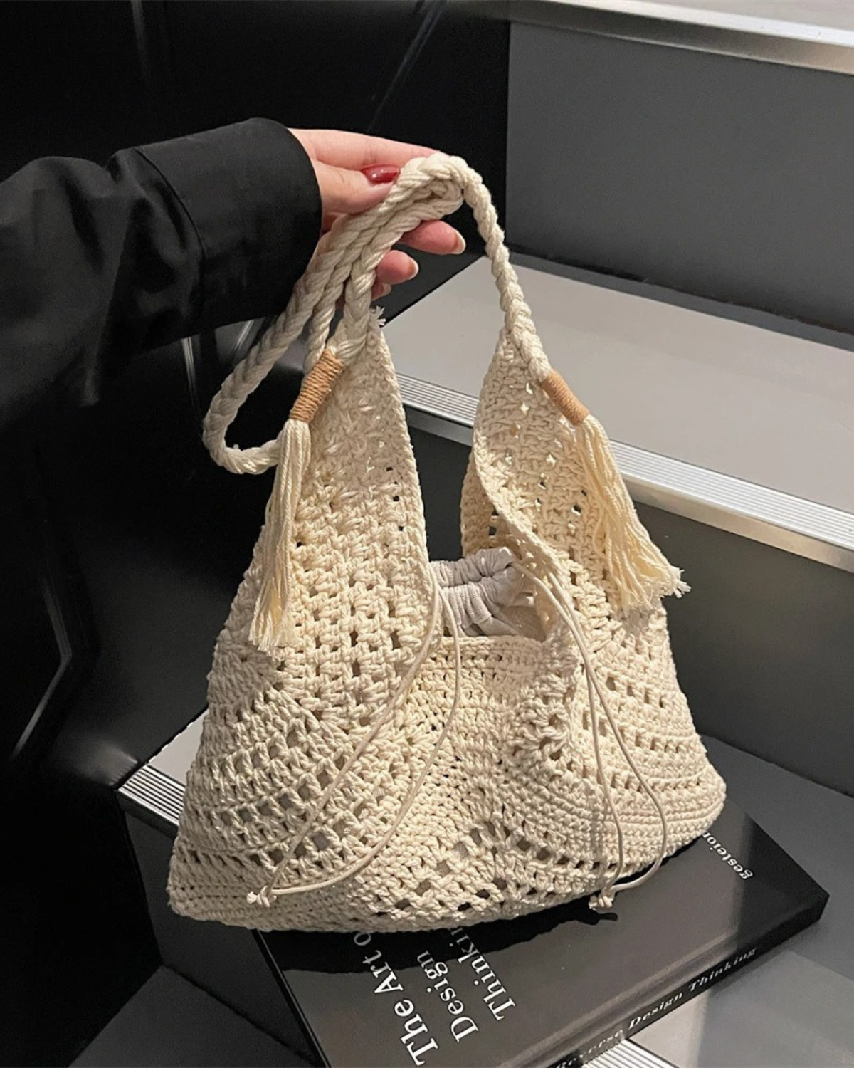 Boho Style Crochet Tote Bag with Tassel for Women