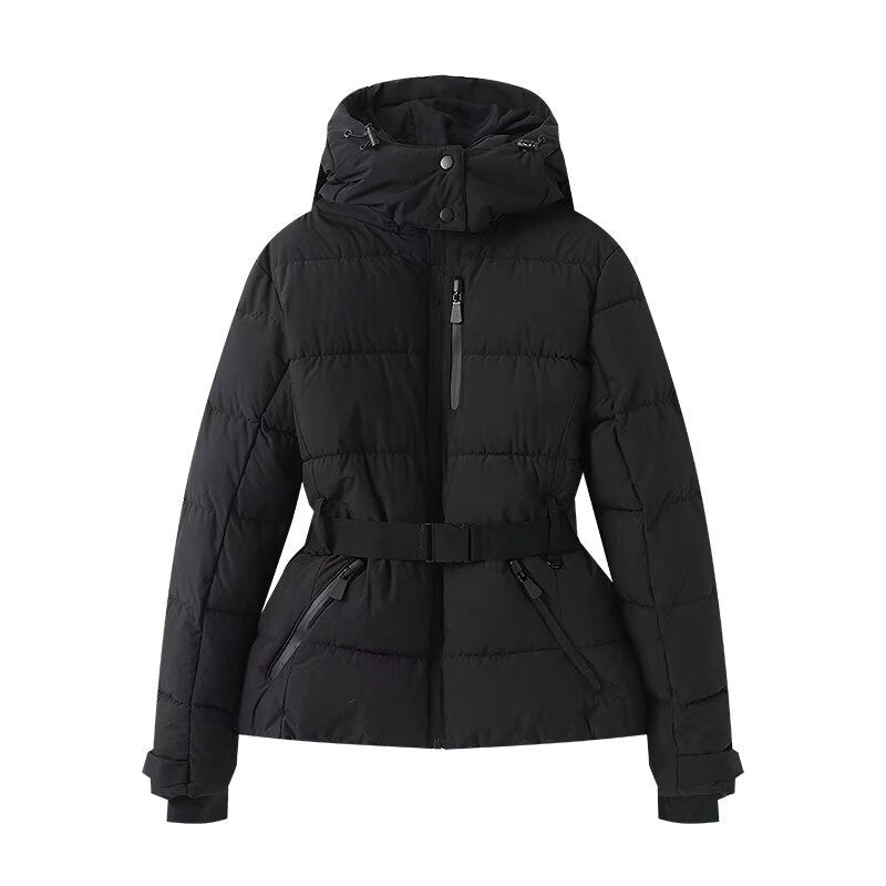 Hooded Puffer Jacket with Belt for Women