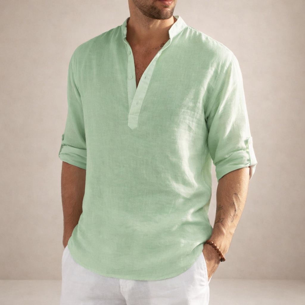 Linen Stand Collar Long Sleeve Shirt for Men