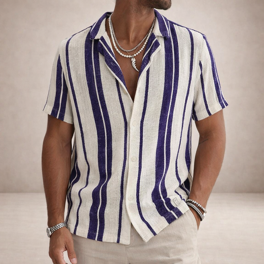 Striped Linen Short Sleeve Shirt for Men