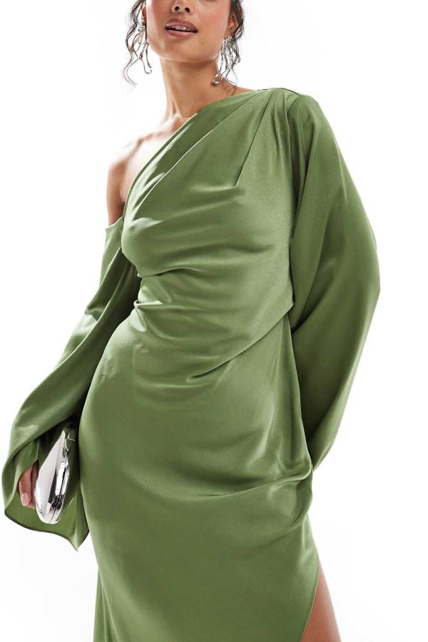 Satin One Shoulder Maxi Dress with Bell Sleeves for Women