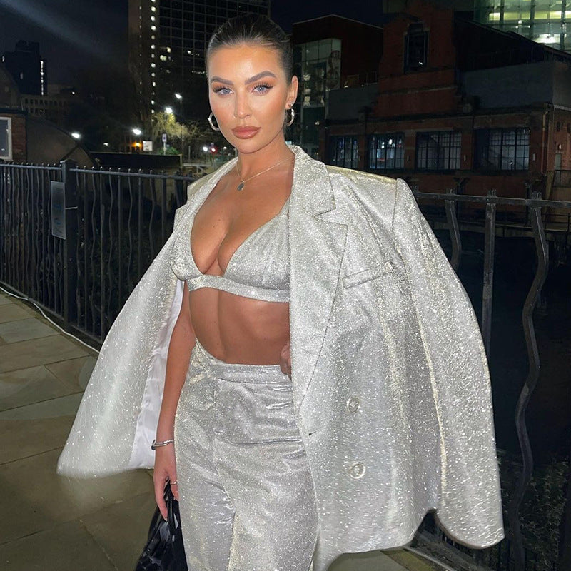 Glitter Set with Wide Leg Trousers, Bralette and Blazer for Women