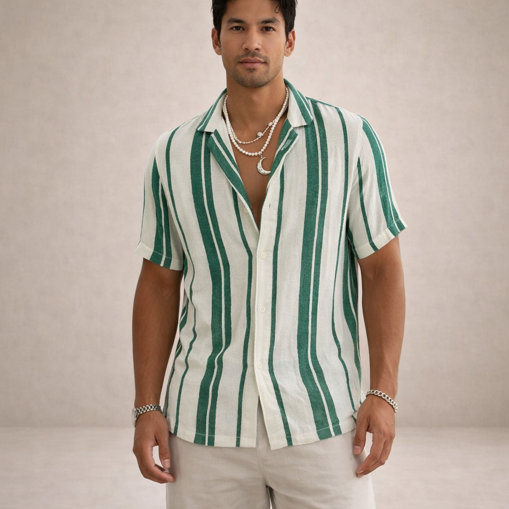 Striped Linen Short Sleeve Shirt for Men