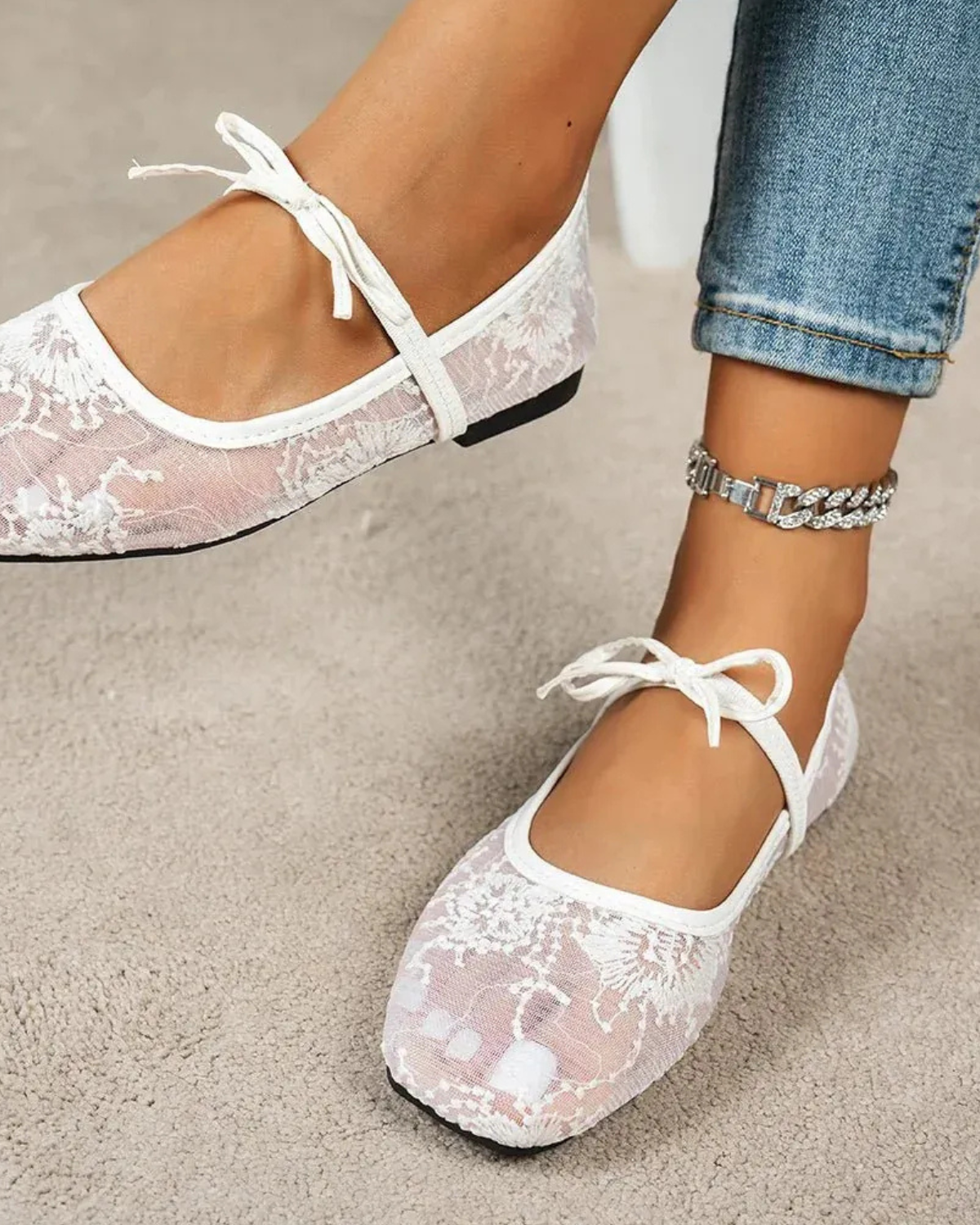 Mesh Ballet Flats with Floral Pattern for Women