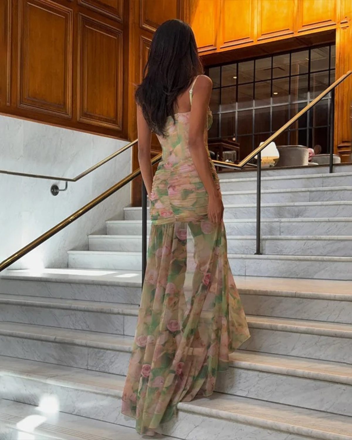 Floral Mesh Corset Maxi Dress with Slit for Women