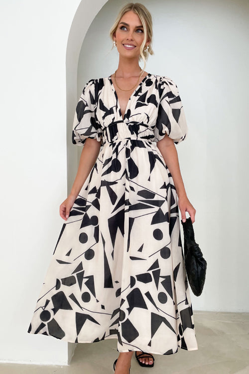 Wrap V-Neck Puff Sleeve Wedding Guest Maxi Dress for Women