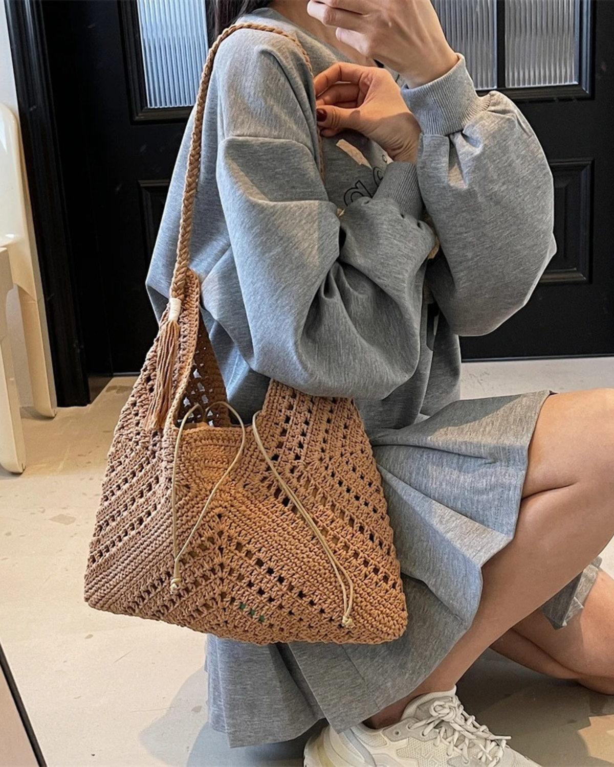 Boho Style Crochet Tote Bag with Tassel for Women