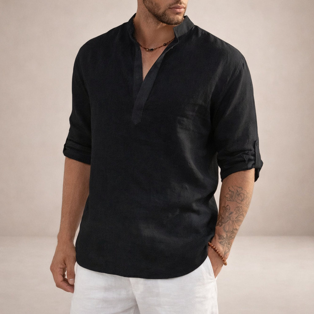 Linen Stand Collar Long Sleeve Shirt for Men