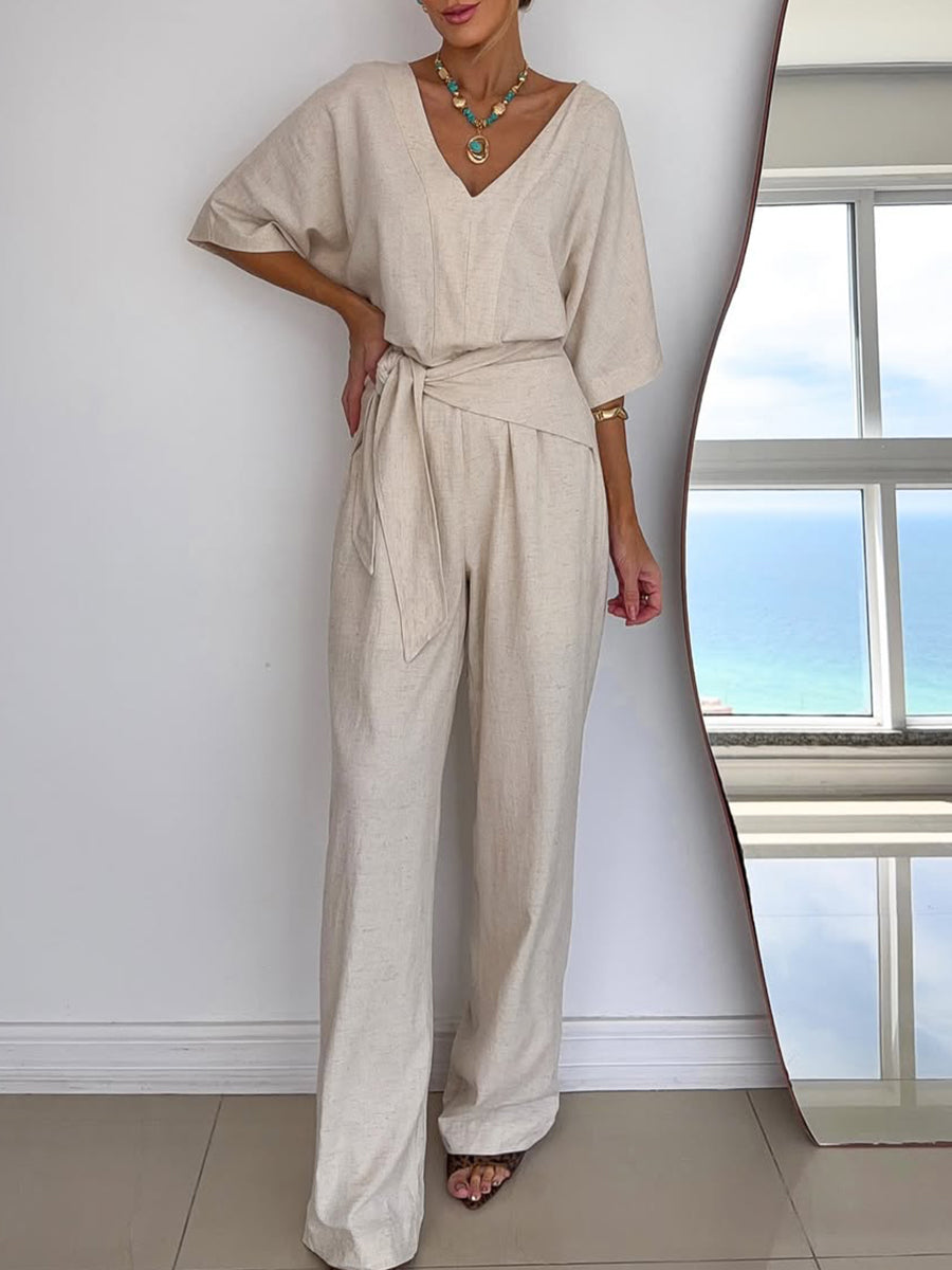 Linen Wide Leg Belted Jumpsuit for Women