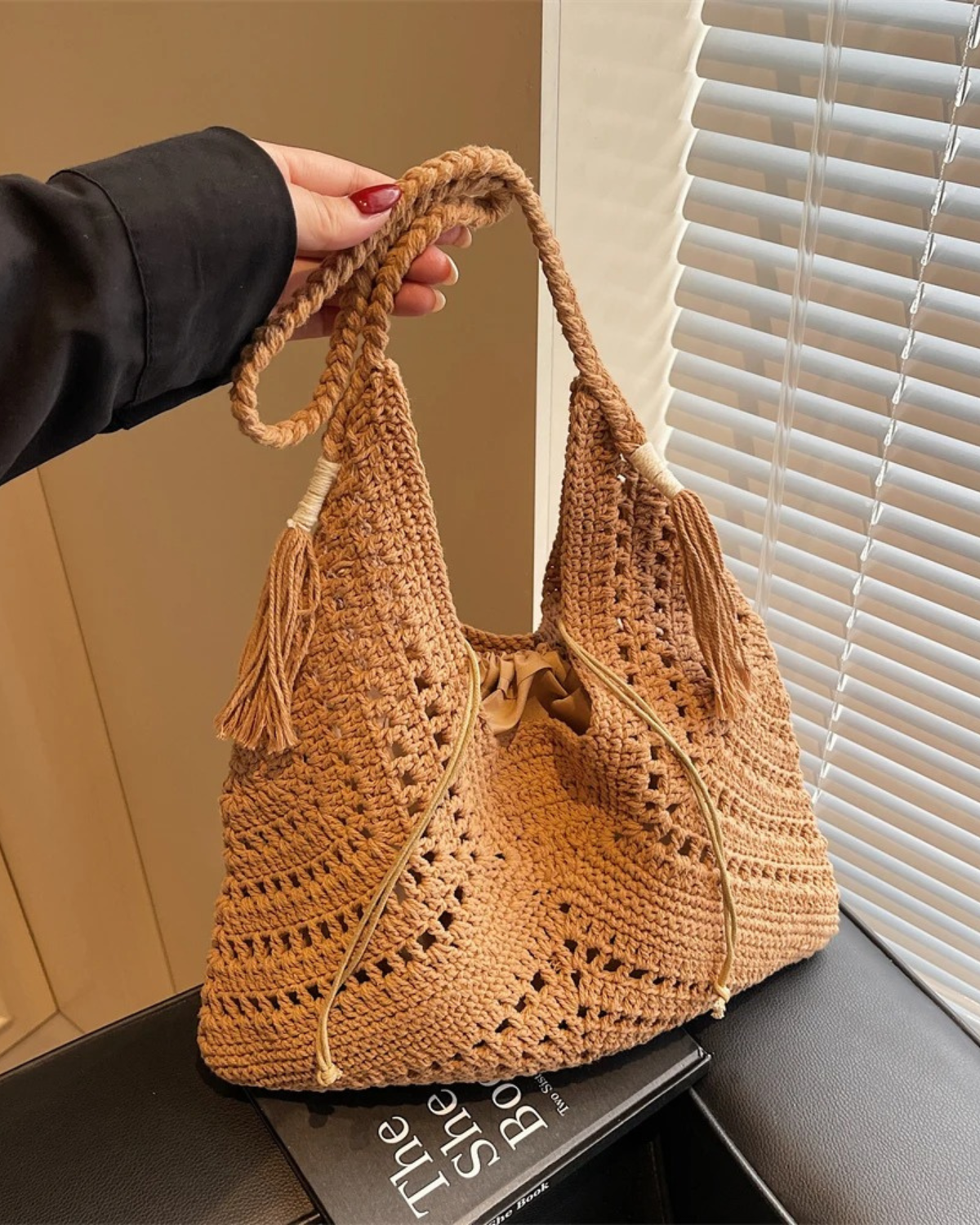 Boho Style Crochet Tote Bag with Tassel for Women
