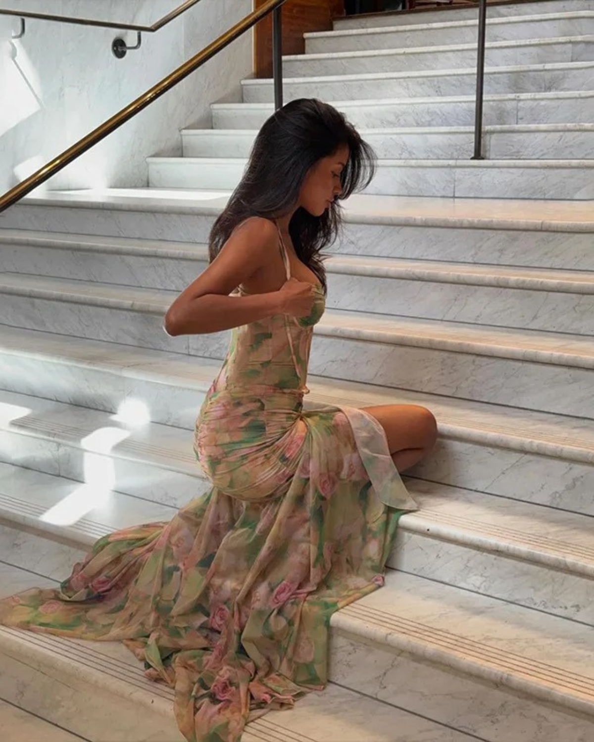 Floral Mesh Corset Maxi Dress with Slit for Women