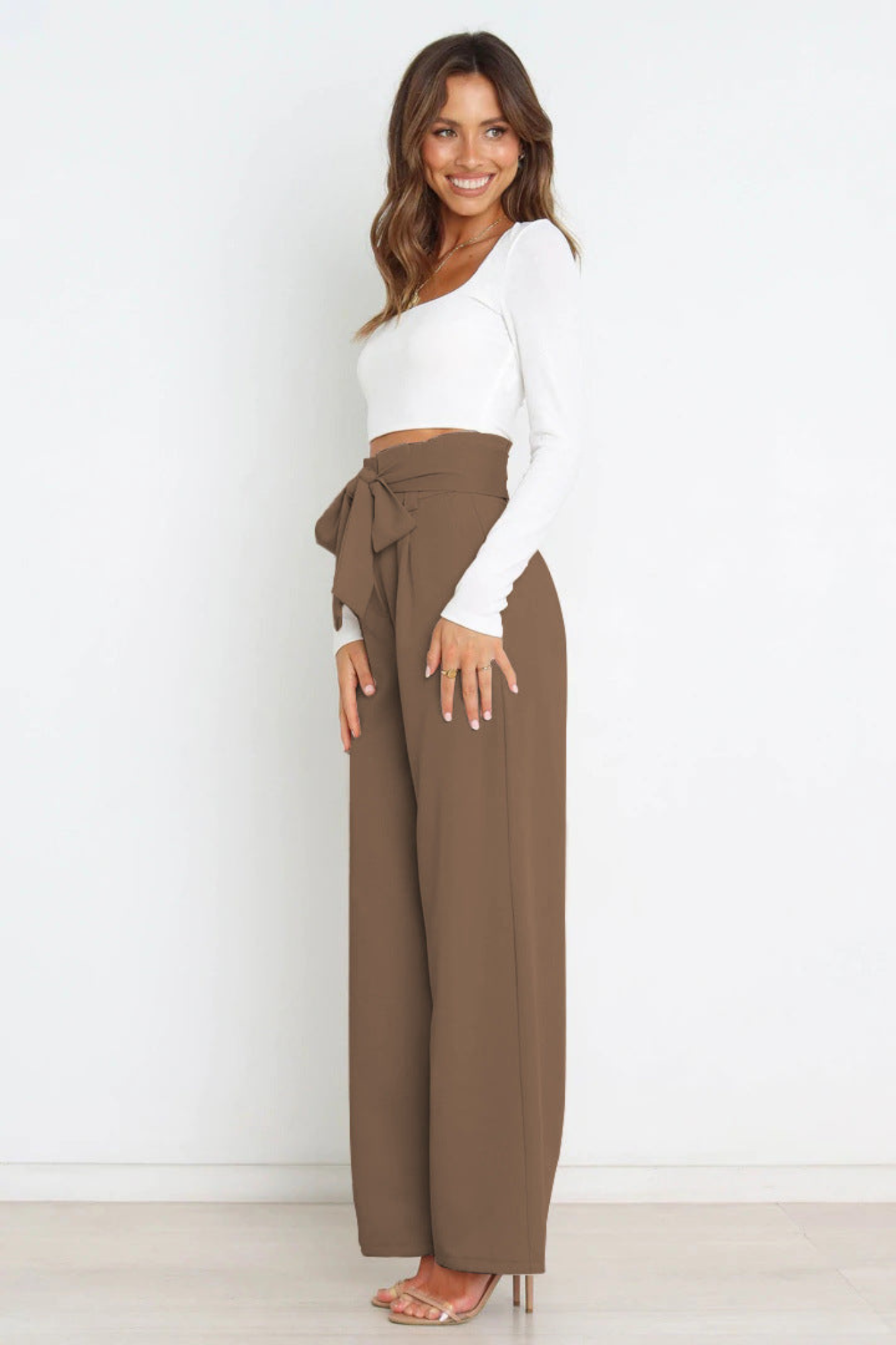 Wide Leg Belted Linen Trousers for Women