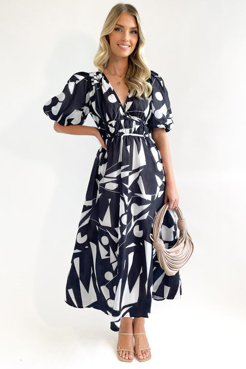 Wrap V-Neck Puff Sleeve Wedding Guest Maxi Dress for Women
