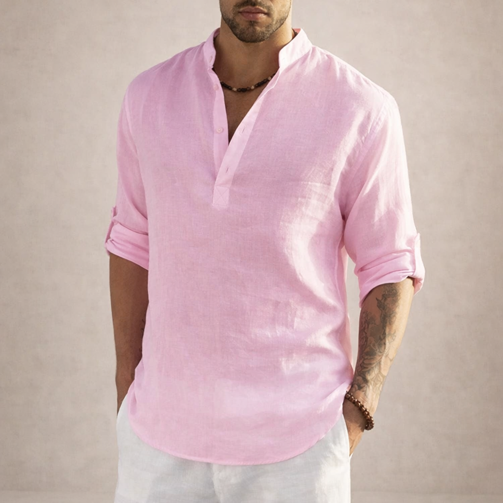 Linen Stand Collar Long Sleeve Shirt for Men