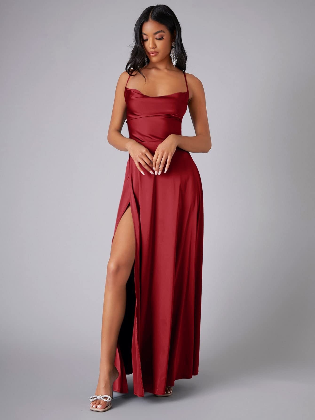 Satin Cowl Neck Backless Slit Maxi Dress for Women