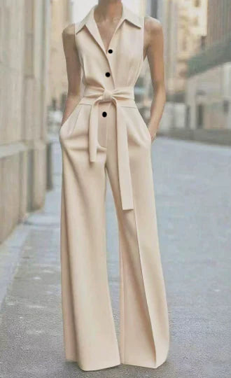 Wide Leg Sleeveless Jumpsuit for Women - Beżowy