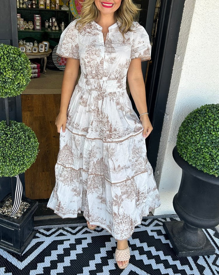 Toile Print Short Sleeve Wedding Guest Maxi Dress for Women
