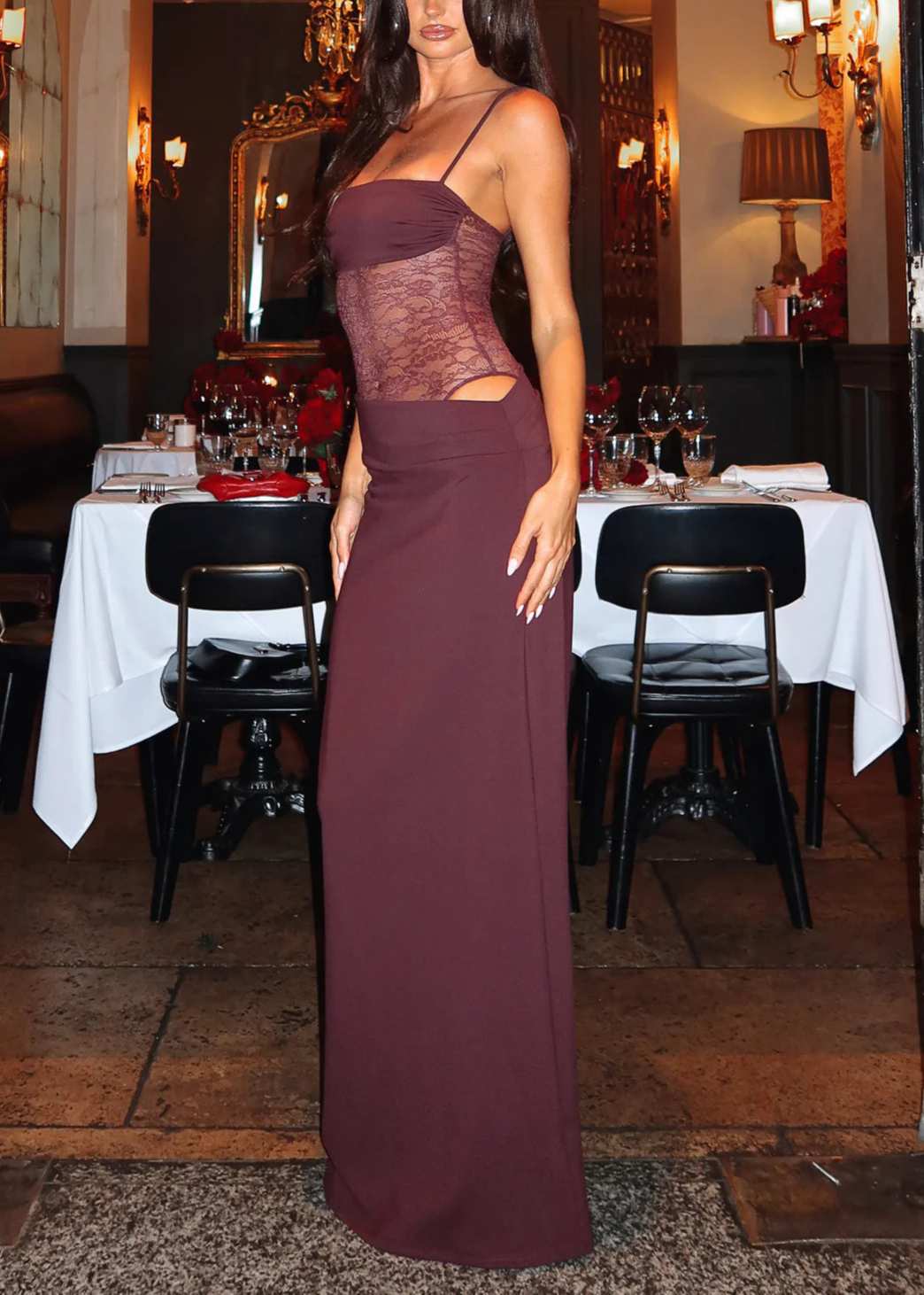 Lace Corset Maxi Dress with Tie-Shoulder Straps for Women - View 9