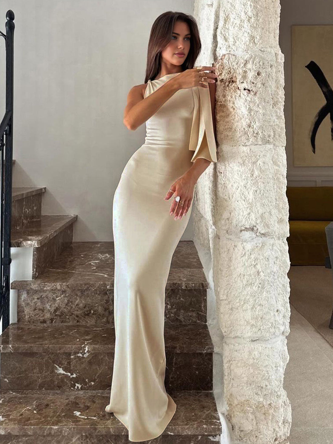 High Neck Draped Maxi Dress with Shoulder Bow for Women