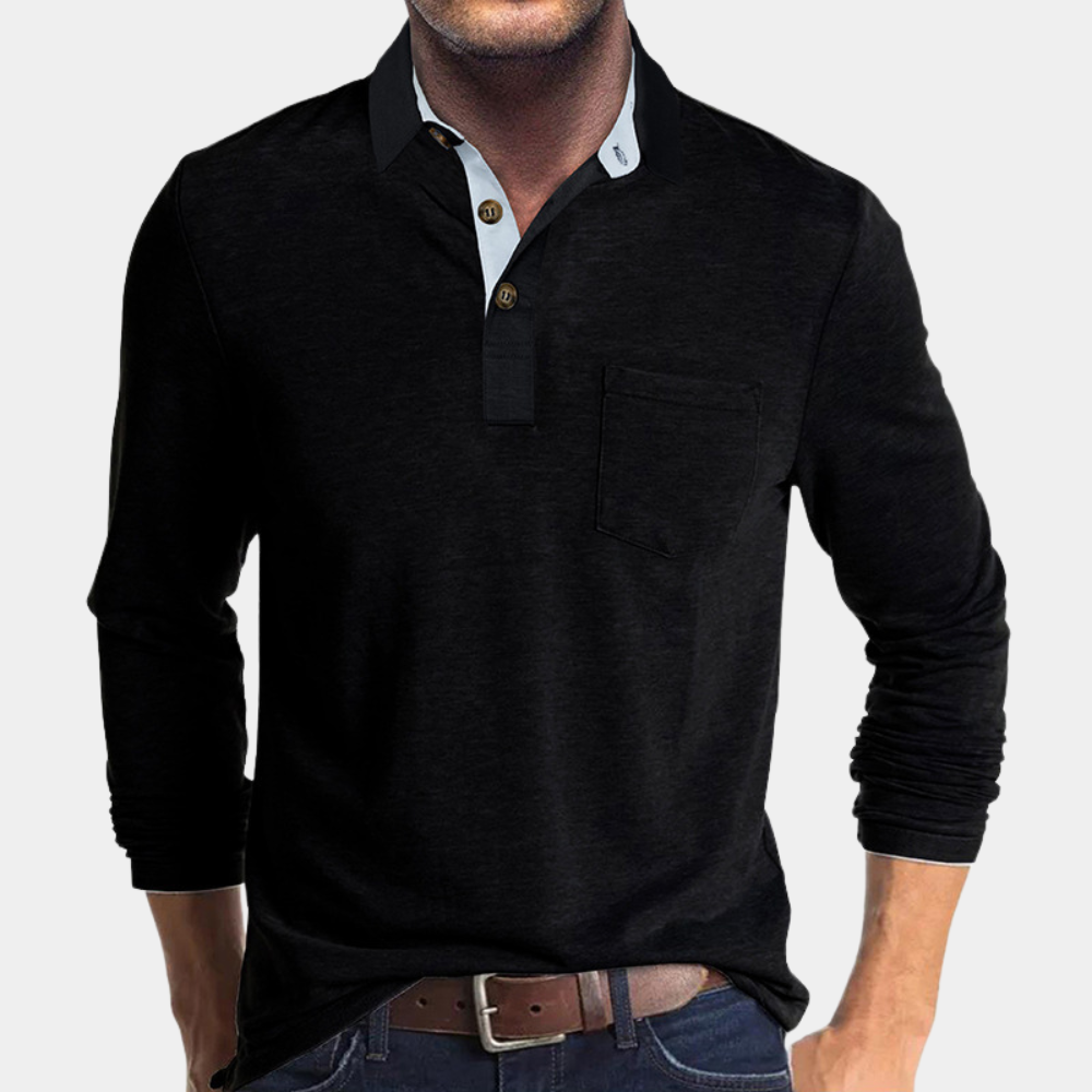 Long Sleeve Polo Shirt with Chest Pocket for Men