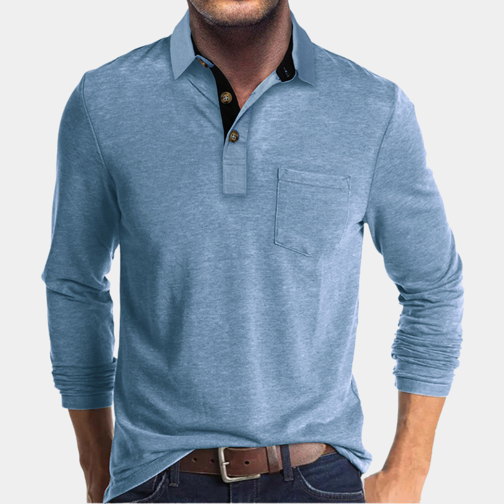 Long Sleeve Polo Shirt with Chest Pocket for Men