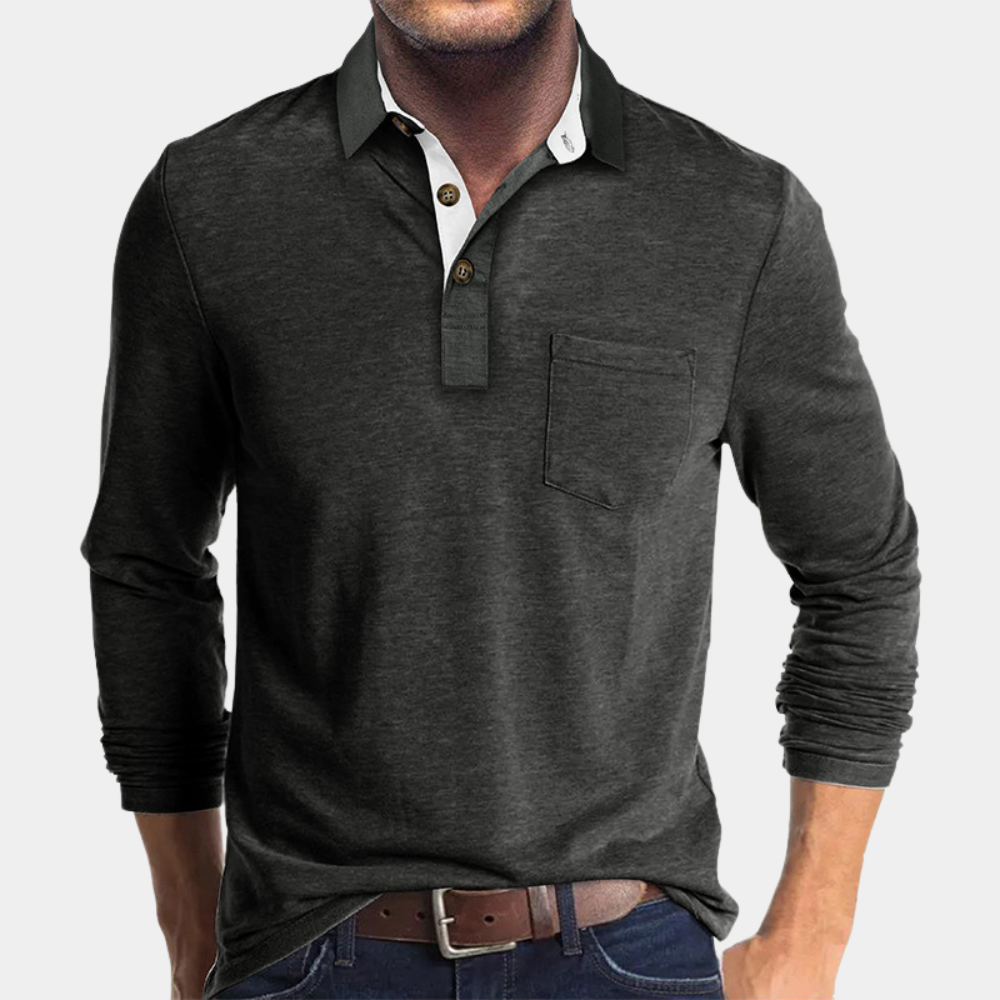 Long Sleeve Polo Shirt with Chest Pocket for Men