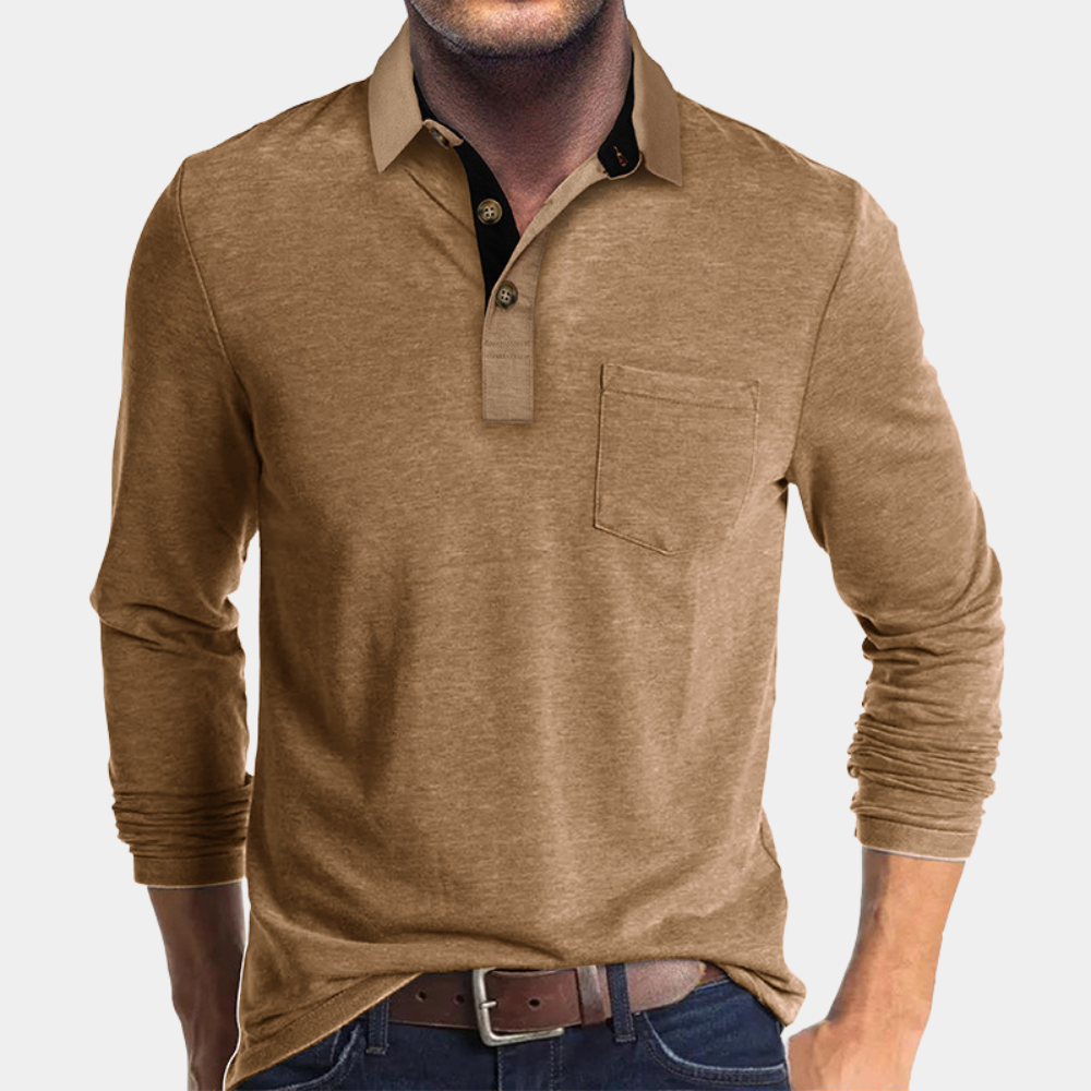 Long Sleeve Polo Shirt with Chest Pocket for Men