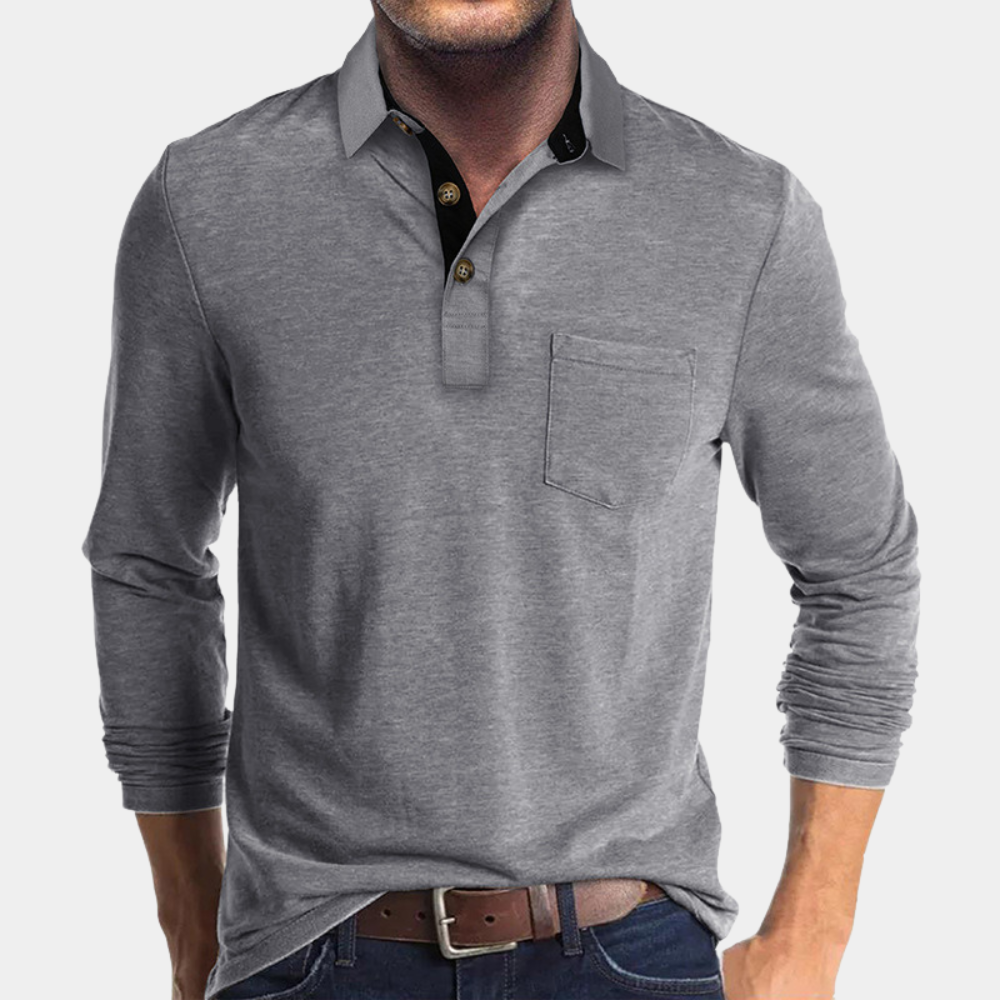 Long Sleeve Polo Shirt with Chest Pocket for Men