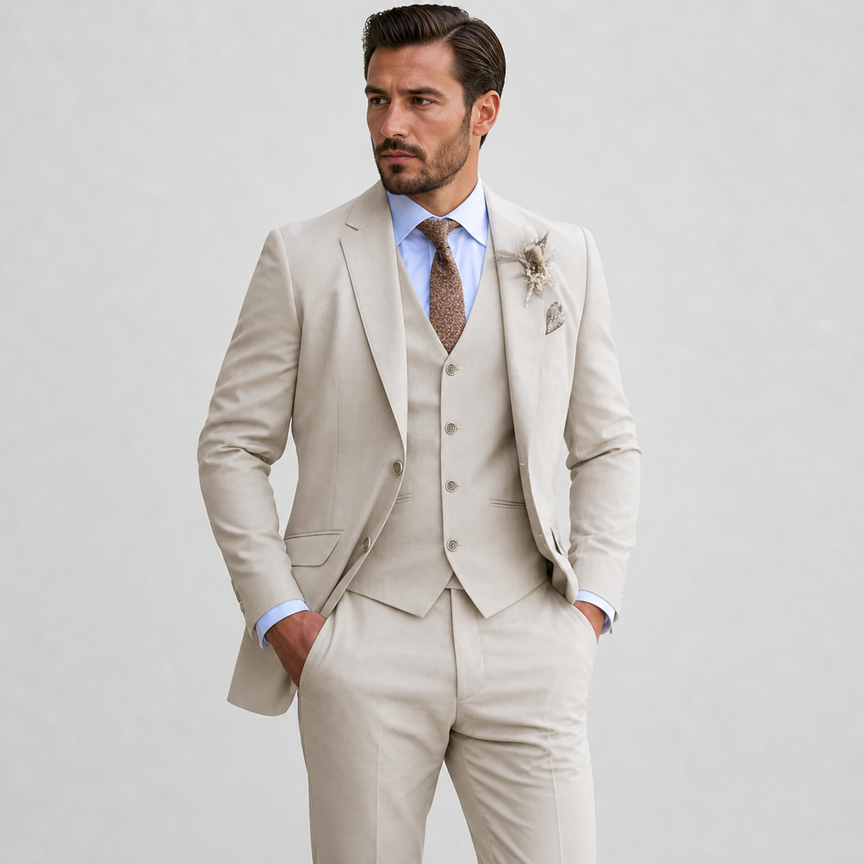 Linen Three Piece Suit with Waistcoat for Men