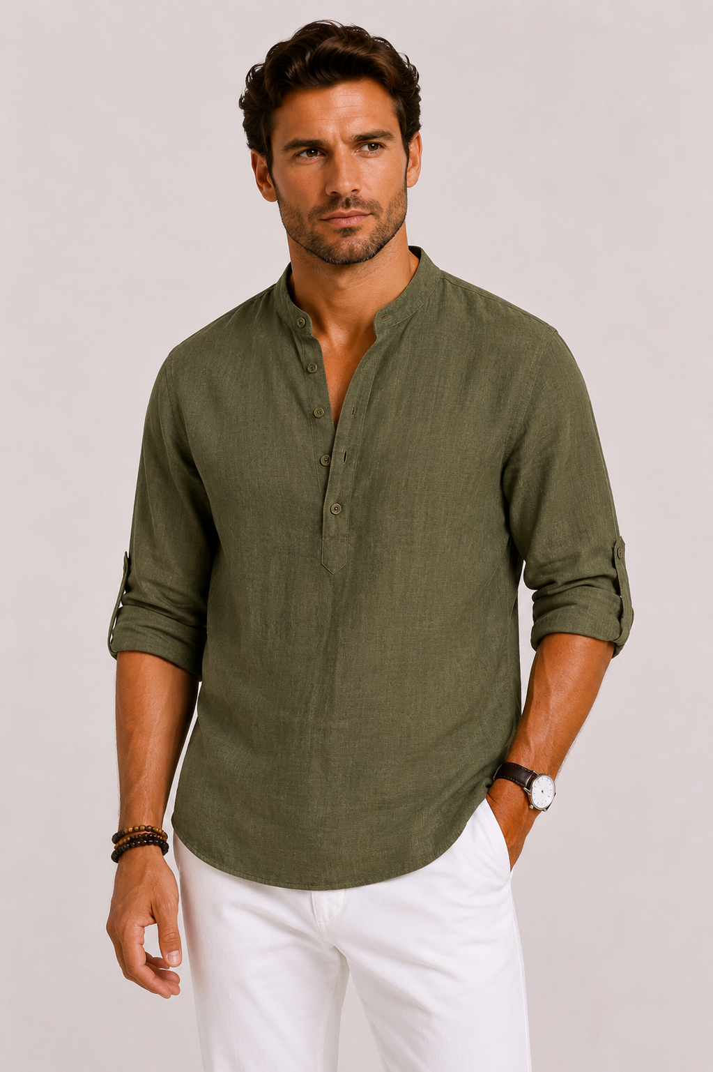 Linen Stand Collar Shirt for Men