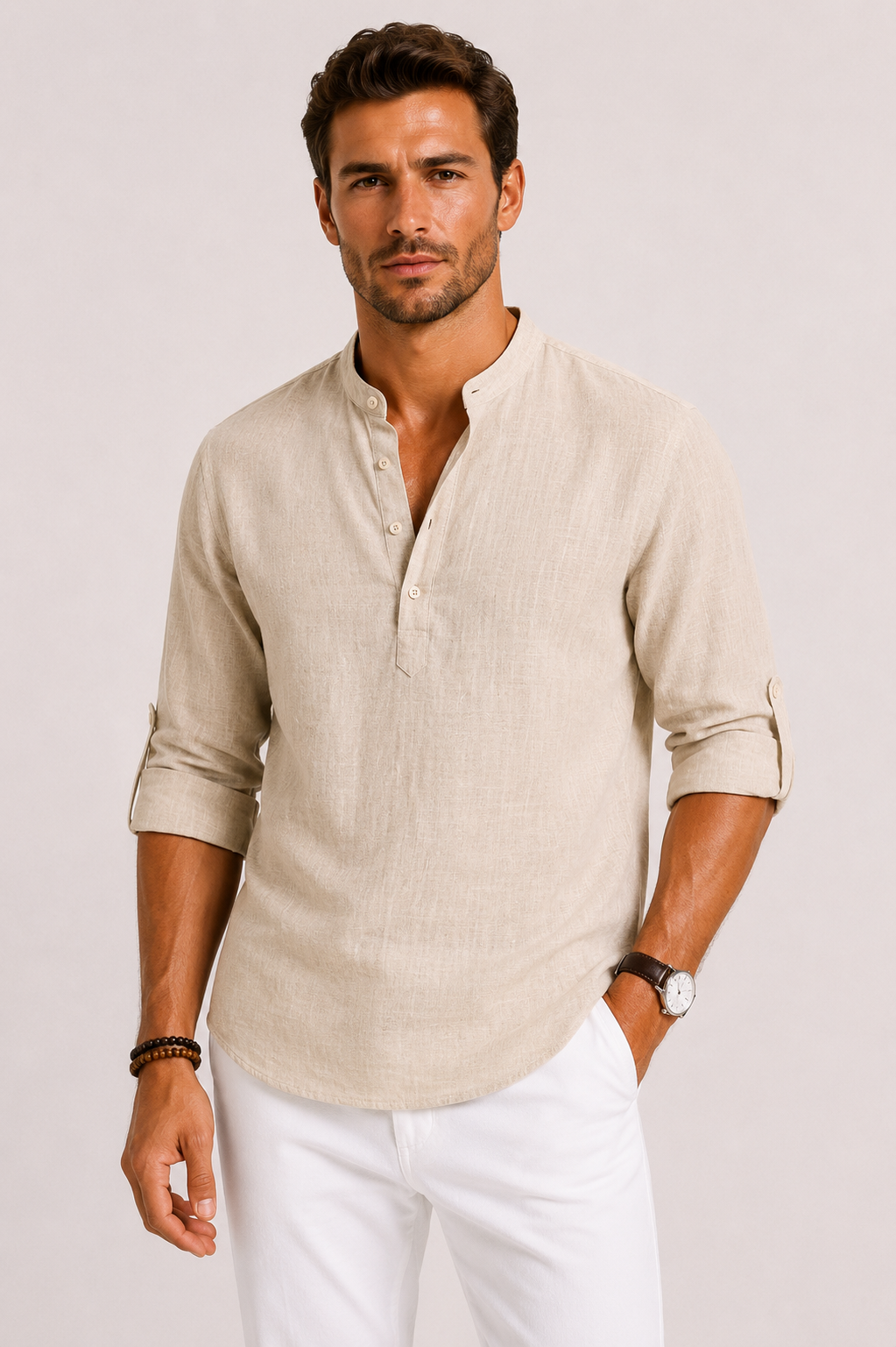 Linen Stand Collar Shirt for Men