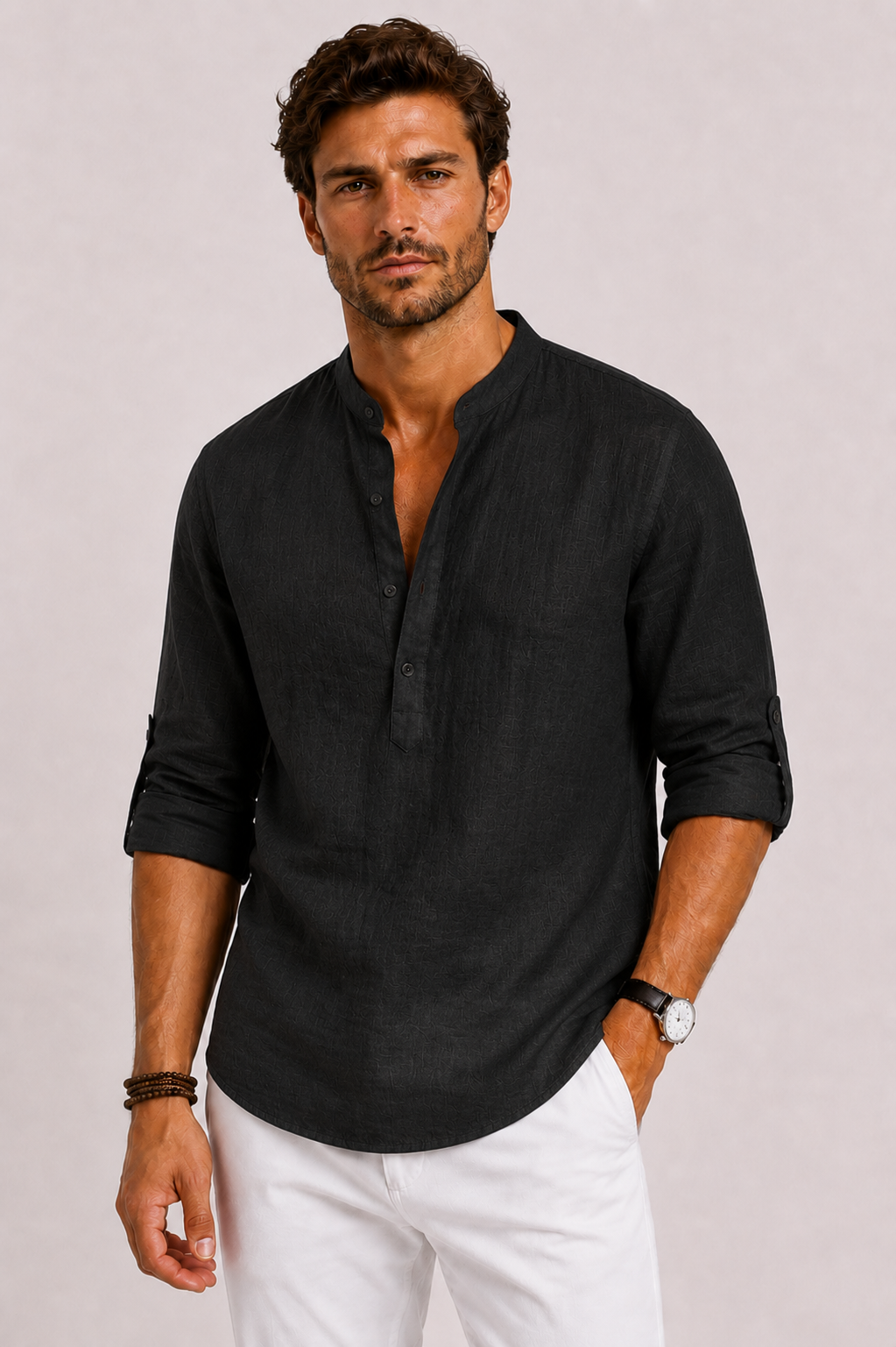 Linen Stand Collar Shirt for Men