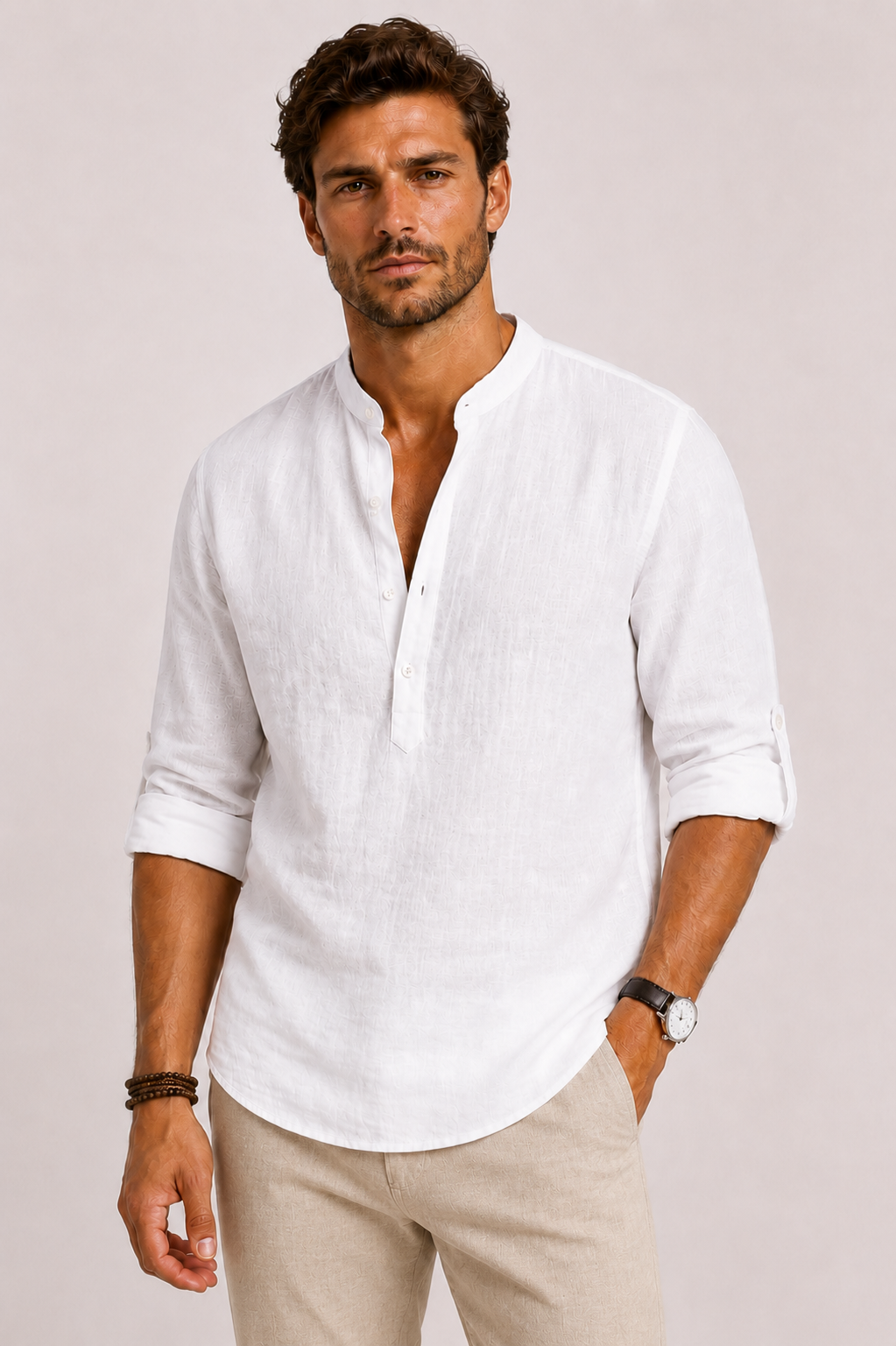 Linen Stand Collar Shirt for Men