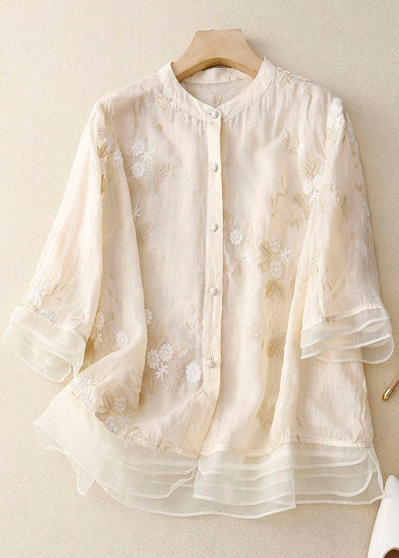 Floral Embroidered Linen Blouse for Women